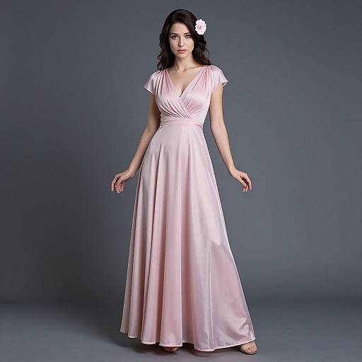 Photograph of a woman with dark hair wearing a pale pink, satin, V-neck, short-sleeve gown, and white flower hairpin,
