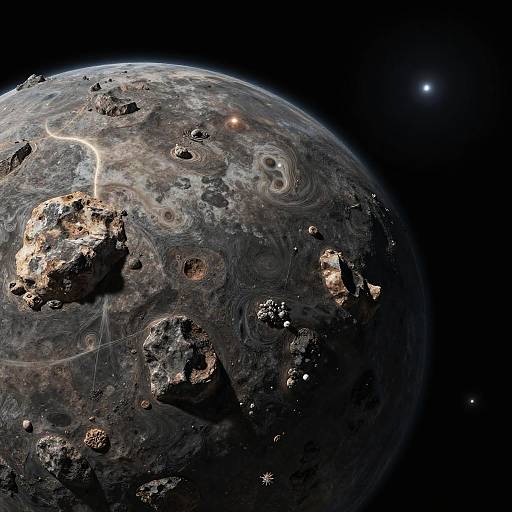 Photorealistic CGI of a rocky, cratered moon with swirling cloud-like patterns, illuminated by a distant, bright star in the black void of space