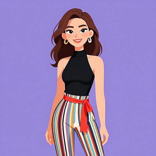 Digital illustration of a smiling woman with wavy brown hair, wearing a black sleeveless turtleneck, colorful striped pants, and red bow, against