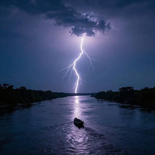 Photograph of a dramatic nighttime river scene with a bright, jagged lightning bolt illuminating dark clouds, reflecting off the water, and a small boat