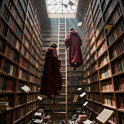 Photograph of two robed figures climbing a ladder in a dimly lit, towering library, surrounded by flying books and sunlight streaming from the skyl