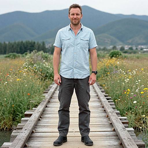 Photograph of a smiling man with short brown hair, wearing a light blue shirt and dark pants, standing on a wooden bridge in a vibrant meadow