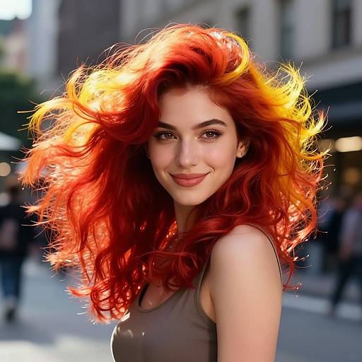 Photograph of a smiling woman with vibrant, red-orange, wavy hair, wearing a gray tank top, standing on a sunlit city street.