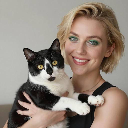 Smiling Blonde Woman with Black and White Cat