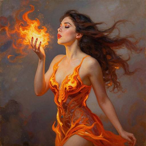 Flame-Dress Woman in Oil Painting