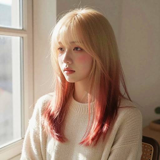 Photograph of a young Asian woman with long blonde-to-red ombre hair, wearing a white knit sweater, bathed in sunlight by a window