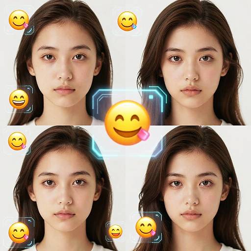 Photograph collage of an East Asian woman with long black hair, neutral expression, four views, white background, with smiling emojis overlay.