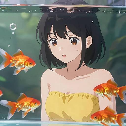 Anime Woman with Goldfish in Aquarium