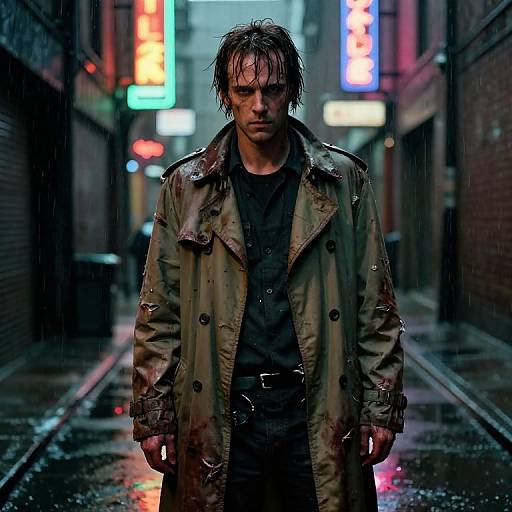 Photograph of a wet, disheveled man in a dirty green trench coat, standing in a neon-lit, rainy urban alleyway.