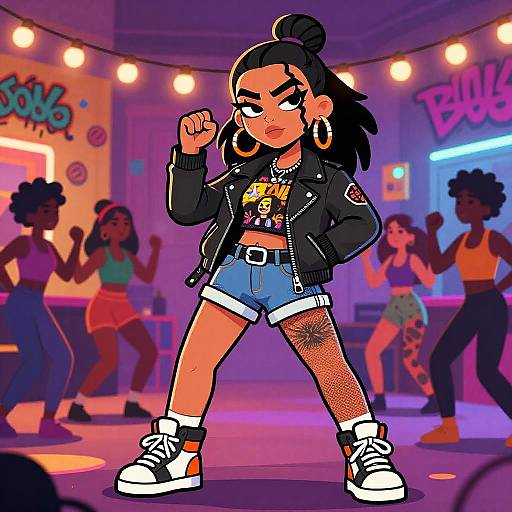 Digital illustration of a confident, tan-skinned, black-haired woman in a leather jacket, denim shorts, and sneakers, dancing in a brightly lit,