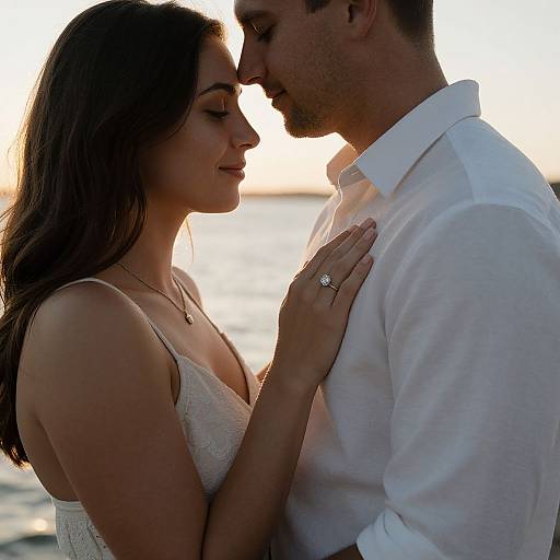Photograph of a couple in a romantic sunset pose, woman in white lace dress, man in white shirt, touching foreheads, sea in background.
