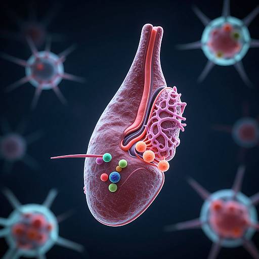 Digital 3D illustration of a human kidney with vivid, colorful internal structures and viruses in the dark blue background.