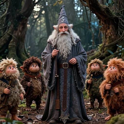 Photorealistic CGI image of an old wizard with a long white beard, gray robe, and pointed hat, surrounded by four furry, child-like woodland