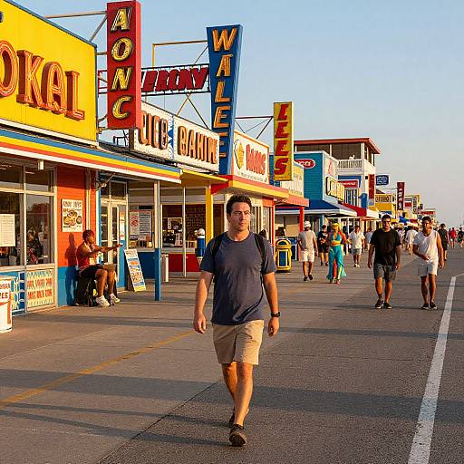 Photograph of a bustling boardwalk at sunset, featuring a man in a blue shirt and khaki shorts walking past colorful vintage storefronts with signs reading