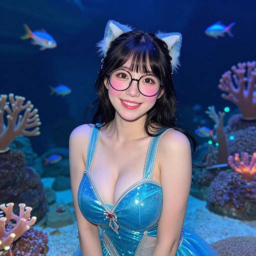Photograph of an Asian woman with black hair, cat ears, round glasses, and a blue, sparkly mermaid-like top, smiling underwater with