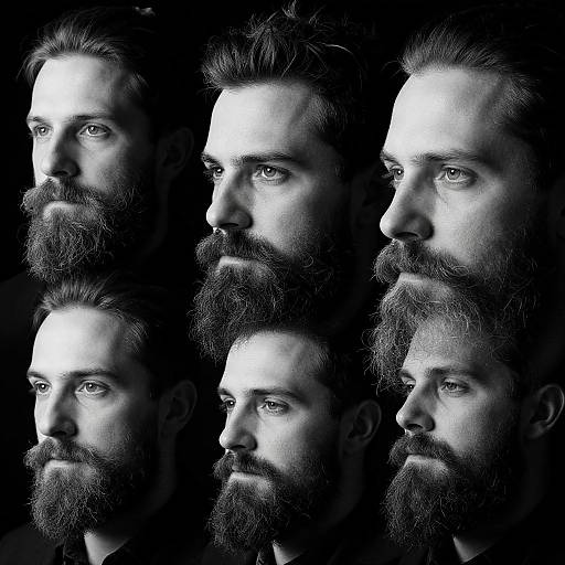 Photograph of six identical black-and-white bearded men's profiles in a grid, each with serious expressions, dark background, high contrast.