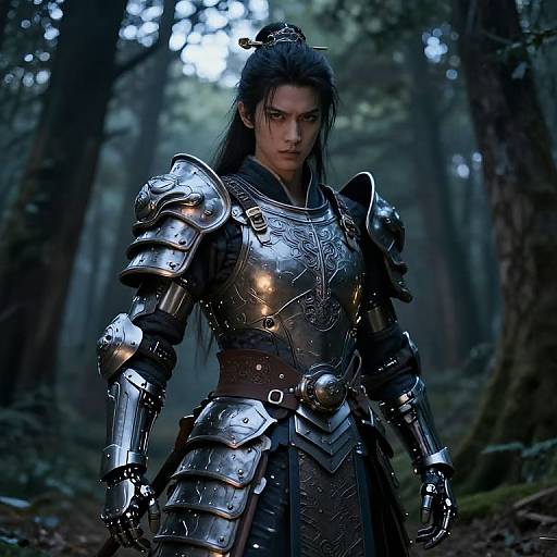Digital artwork of a fierce, dark-haired woman in detailed silver armor standing in a misty forest, with sunlight filtering through trees.