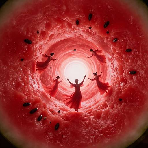 Digital artwork of a silhouetted figure with arms raised, surrounded by swirling red smoke, and six dancing figures in flowing red dresses. Bright white