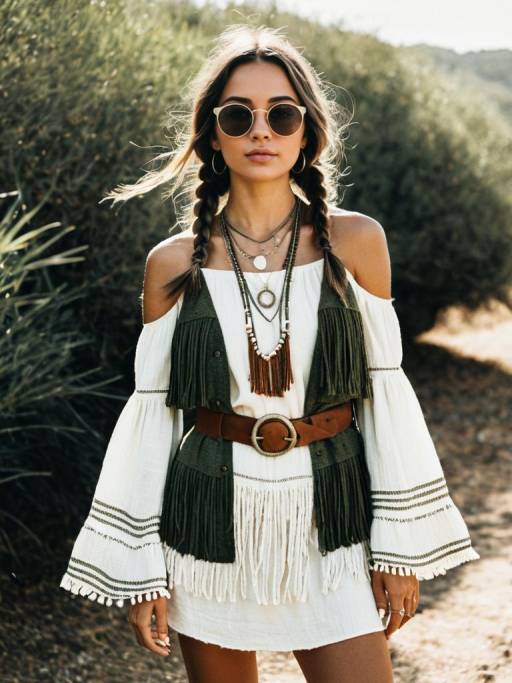 Bohemian Woman in White Dress and Fringe Vest
