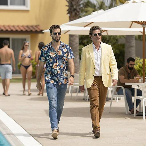 Vibrant Poolside Scene with Stylish Men