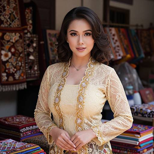 Photograph of a beautiful South Asian woman with dark wavy hair, wearing a gold lace dress, standing in a vibrant textile shop.