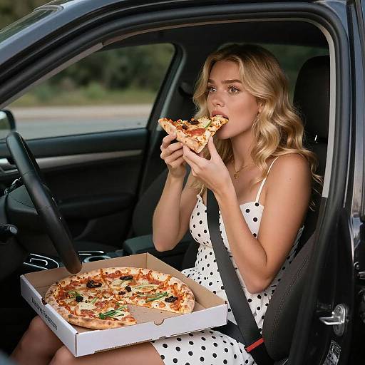 Blonde Woman Eating Pizza in Car at Night