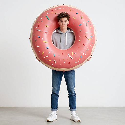 Photograph of a young man with short brown hair, wearing a gray hoodie, blue jeans, and white sneakers, holding a large pink donut with