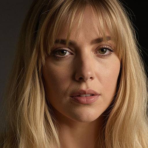 Close-up photograph of a blonde woman with light brown eyes, straight bangs, and neutral expression, set against a dark background.