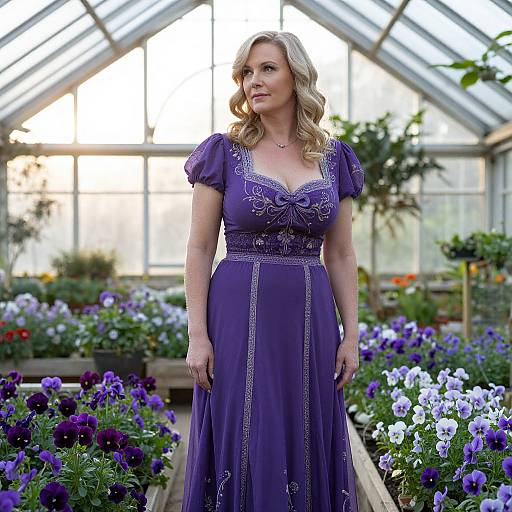 Blonde woman in a purple, embroidered dress stands in a sunlit greenhouse filled with colorful pansies, looking thoughtful. (Photograph)