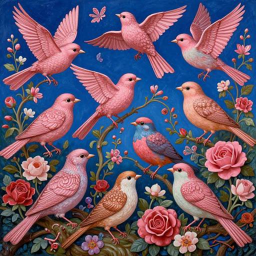 Vibrant digital painting of pink and blue birds with intricate feather patterns, flying and perched on colorful roses against a rich blue background. Butterflies