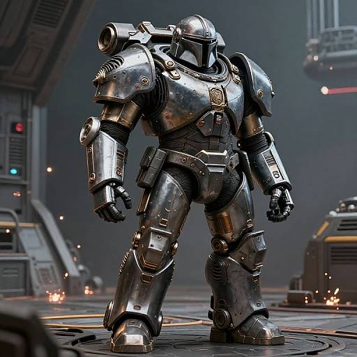 Photorealistic CGI of a shiny, silver, humanoid robot with intricate armor standing in a futuristic, industrial spaceship hangar.