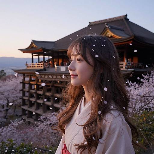 Photograph of a young Japanese woman with long brown hair, wearing a white kimono, standing in front of a traditional wooden temple with cherry blossoms