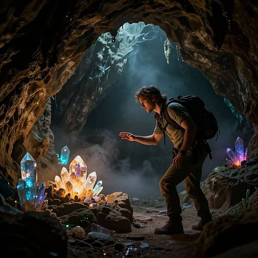 Photograph of a male adventurer in a dimly lit cave, examining glowing, multicolored crystals by a small fire, with mist and icicles