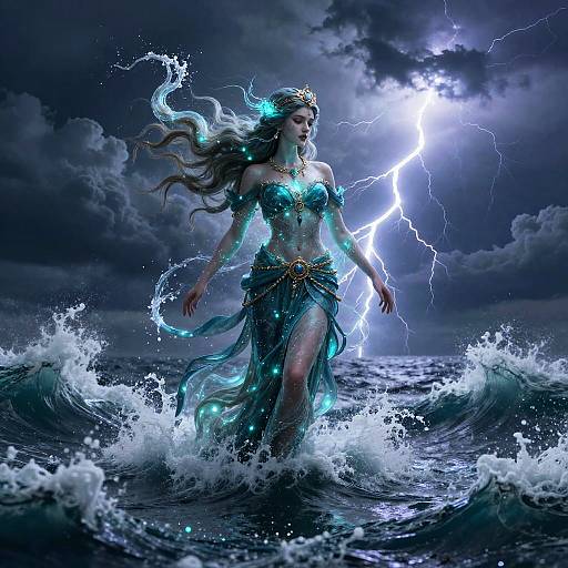 Digital art: A glowing, ethereal mermaid with flowing hair and turquoise attire stands in turbulent waves, illuminated by a bright lightning bolt in a storm
