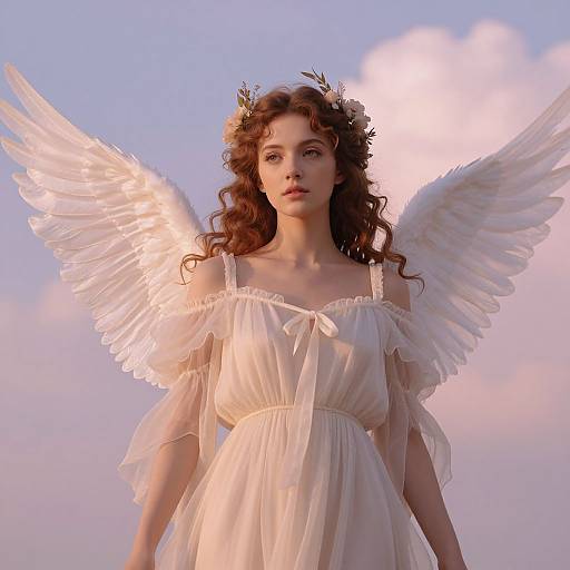 Photograph of a young woman with curly brown hair, wearing a white, off-shoulder, ethereal dress and large feathered wings, against