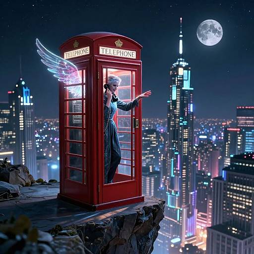 Photograph-style CGI: Angelic figure with wings in red British telephone booth, pointing forward, under full moon, over neon-lit cityscape.