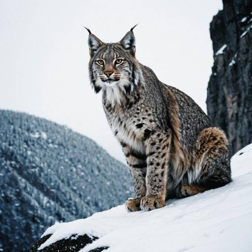 Lynx on Snowy Cliff: A Watchful Guardian Lynx on Snowy Cliff: A Watchful Guardian