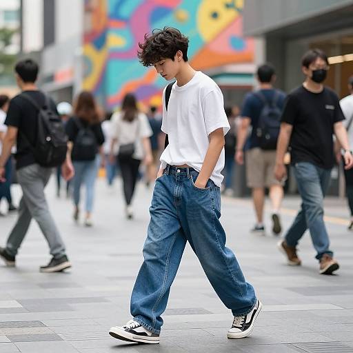 Boy Sagging in Loose Jeans on Busy Downtown Street