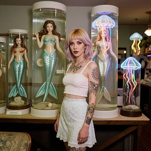 Photograph of a tattooed, pink-haired woman in a white crop top and skirt, standing in front of glass display cases with mermaid and jelly
