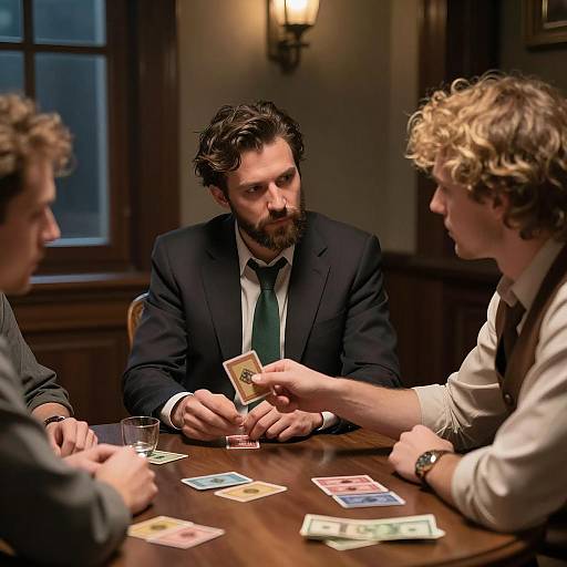 Men at a Wooden Table in Dim Light