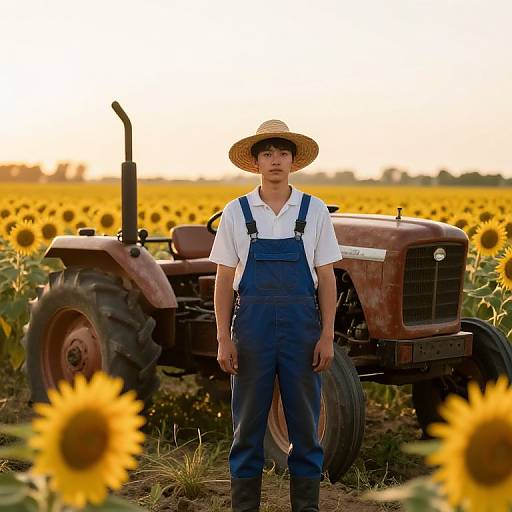 Photograph of young Asian boy in white shirt and blue overalls, straw hat, standing in sunflower field with red tractor behind.