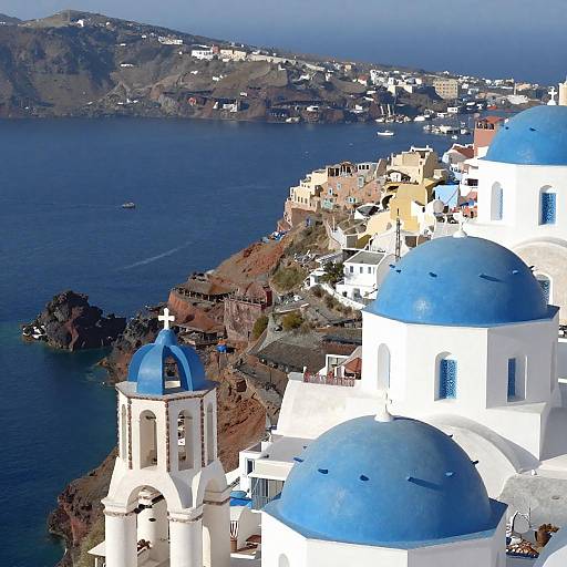Sunlit Greek Island with Blue Domes