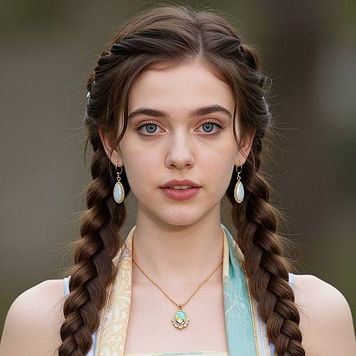 Photograph of a young woman with fair skin, blue eyes, and dark brown braided hair, wearing gold and turquoise jewelry, against a blurred green