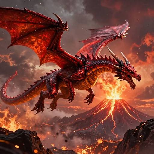 Digital art of a red, winged dragon with sharp horns and scales soaring above a erupting volcano under a fiery, cloudy sky.