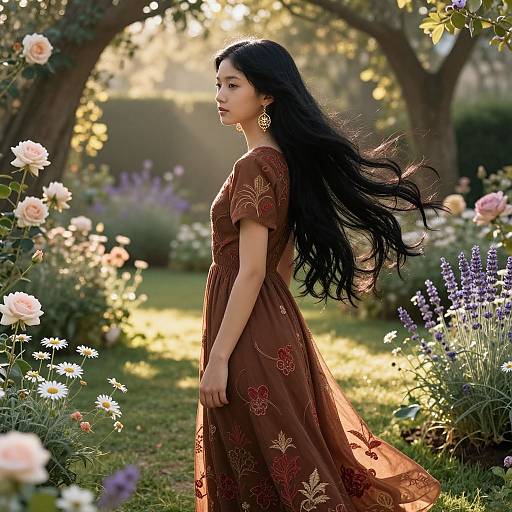 Photograph of an Asian woman with long black hair, wearing a brown embroidered dress, standing in a sunlit garden with blooming flowers.