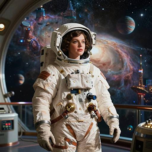 Art Deco Astronaut in Observatory Over Nebula