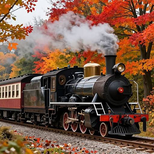 Vintage steam locomotive with white smoke, red and black colors, passing through a vibrant autumn forest with red and orange leaves. Photorealistic digital artwork