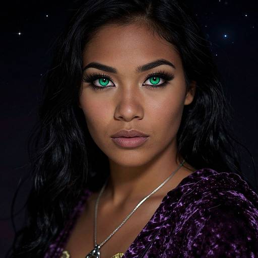Photograph of a beautiful woman with striking turquoise eyes, dark wavy hair, and a purple velvet top, set against a dark, starry background