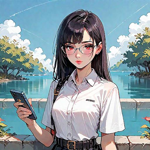 Expressionless Anime Girl Holding Phone Outdoors
