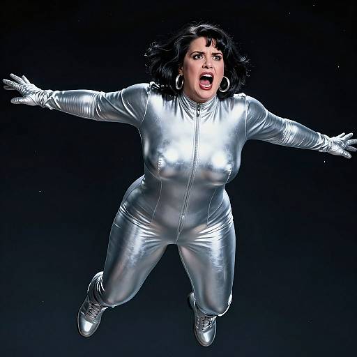 Digital artwork of a shocked woman with black hair, wearing a shiny silver jumpsuit and gloves, mid-leap against a black background. Her mouth is